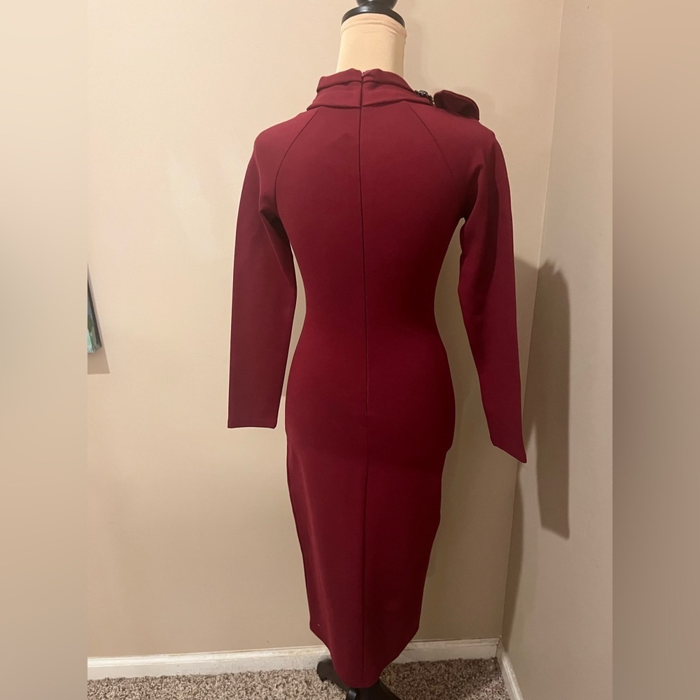 Maroon Bodycon High Draped Neck, Long Sleeve Modi Dress with Bow & Broach, small - Picture 4 of 7